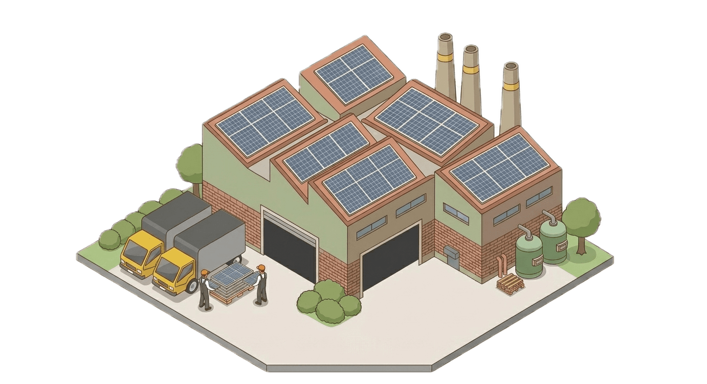 Illustrazione isometrica di un complesso industriale con impianto fotovoltaico