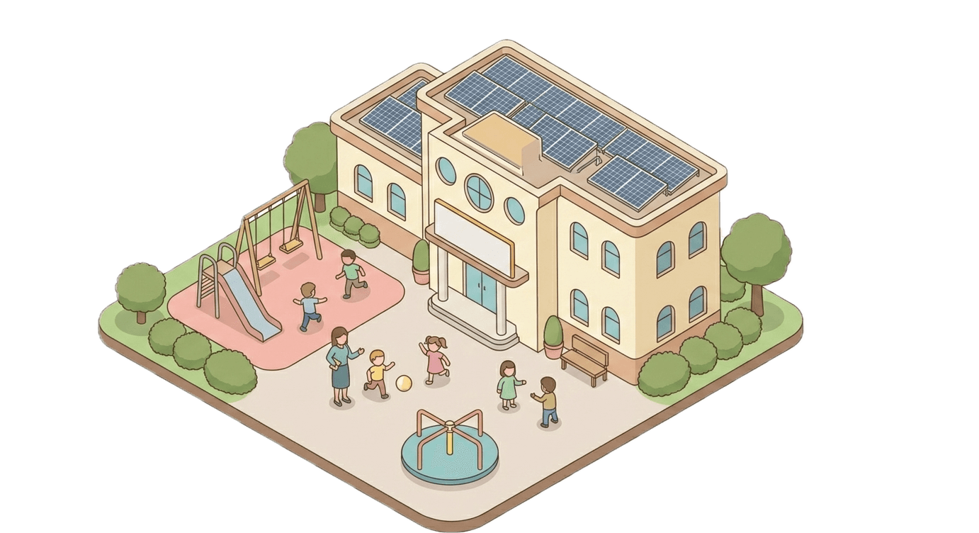 Illustrazione isometrica di una scuola con impianto fotovoltaico